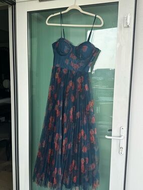 Women's Navy Blue Floral Mesh Midi Dress with Spaghetti Straps